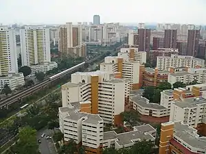 Apartment blocks laid out in a regular fashion on either side of a railway line