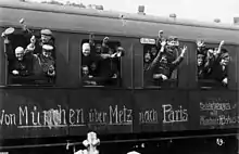 Image 51German soldiers in a railway car on the way to the front in August 1914. The message on the car reads Von München über Metz nach Paris ("From Munich via Metz to Paris"). (from Rail transport)