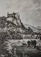 The castle and village of Egloffstein on a wood engraving by E. Hofmann (c. 1880)