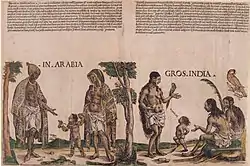 alt=Natives of Arabia and India, 1508, handcolored woodcut, 27.2 X 41.2 cm. Freiherrlich von
Welserschen Familienstiftung, Neunhof (artwork in the public domain; photograph copyright Freiherrlich v. Welserschen)
Familienstiftun