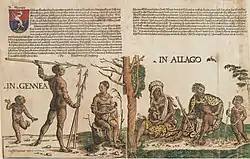 alt=Natives of Guinea and Algoa, 1508, handcolored woodcut, 28.5 X 42.4 cm. Freiherrlich von
Welserschen Familienstiftung, Neunhof (artwork in the public domain; photograph copyright Freiherrlich v. Welserschen
Familienstiftun