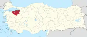 Bursa highlighted in red on a beige political map of Turkeym