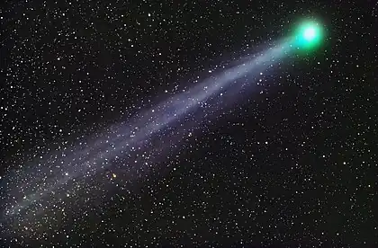 Image 11C/2014 Q2 (Lovejoy)Photograph: John VermetteC/2014 Q2 (Lovejoy) is a long-period comet discovered in 2014 by Australian astronomer Terry Lovejoy using a 0.2-meter (8 in) Schmidt–Cassegrain telescope. It was discovered at apparent magnitude 15 in the southern constellation of Puppis, and is the fifth comet discovered by Lovejoy. Its blue-green glow is the result of organic molecules and water released by the comet fluorescing under the harsh UV and optical light of the sun as it passes through space.More selected pictures