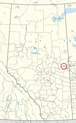 A map of the province of Alberta showing 80 counties and 145 small Indian reserves. One is highlighted with a red circle.