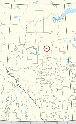 A map of the province of Alberta showing 80 counties and 145 small Indian reserves. One is highlighted with a red circle.