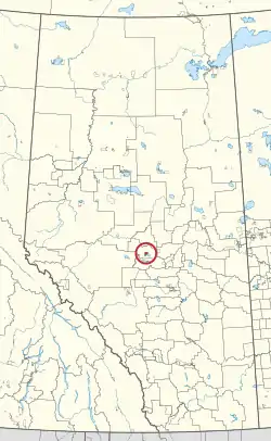 A map of the province of Alberta showing 80 counties and 145 small Indian reserves. One is highlighted with a red circle.