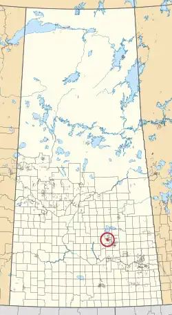 A map of the province of Saskatchewan showing 297 rural municipalities and hundreds of small Indian reserves. One is highlighted with a red circle.