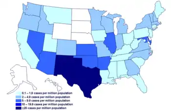 CDC map of cases per million residents