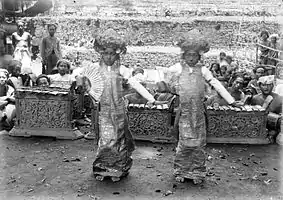 Balinese girls practiced legong dance accompanied by gamelan in Ubud, Bali, Dutch east Indies, between 1910 and 1930