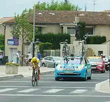 Alberto Contador in the race leader's yellow jersey, during the Stage 3 individual time trial