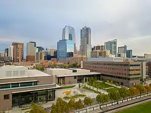 The Lola and Rob Salazar Student Wellness Center (left) and Student Commons Building (right) on the downtown Denver campus.