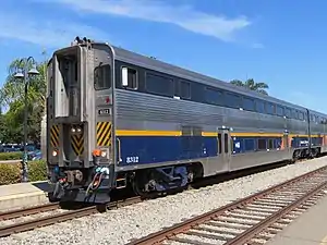 Type H Tightlock couplers on a California Car cab car with separate air brake and head end power connections