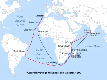 A map showing the southern Atlantic and western Indian Ocean with two routes traced which go around the southern tip of Africa