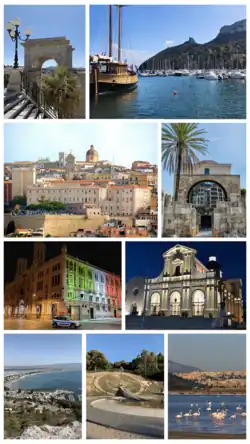 Bastione of Saint Remy; Marina Piccola; View of Castello; Basilica of San Saturnino; City Hall; Basilica of Bonaria;  View of the Poetto beach; View of Monte Claro park; View of Molentargius park