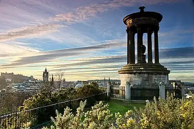 Image 17Calton Hill is a hill in central Edinburgh, just to the east of the New Town. The hill is home to several iconic monuments and buildings: the National Monument, Nelson's Monument, the Dugald Stewart Monument, the Royal High School, the Robert Burns Monument, the Political Martyrs' Monument and the City Observatory.Photo credit: Andrewyuill