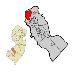 Location of Camden in Camden County highlighted in red (right). Inset map: Location of Camden County in New Jersey highlighted in orange (left).