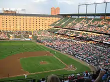 A view of a baseball stadium from the upper deck, from behind the third base line just slightly above home plate