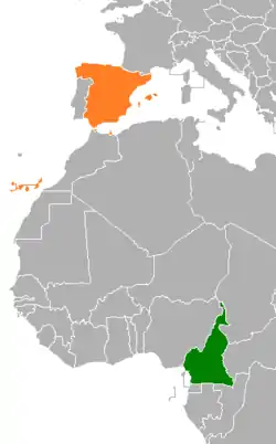 Map indicating locations of Cameroon and Spain