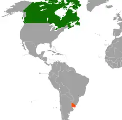 Map indicating locations of Canada and Uruguay