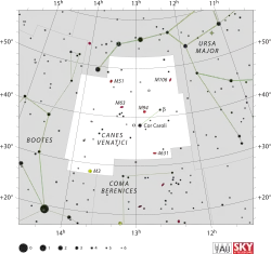 Diagram showing star positions and boundaries of the Canes Venatici constellation and its surroundings