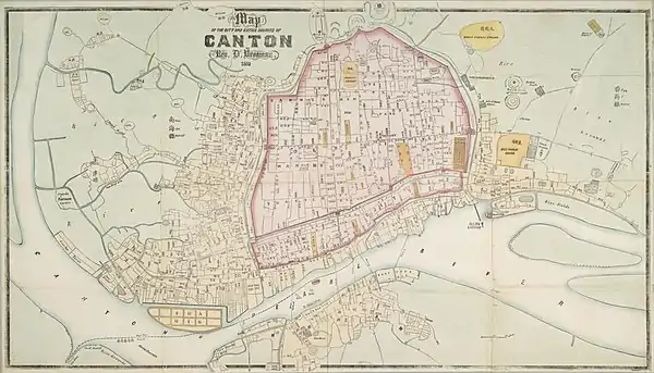 Vrooman's 1860 map of the "City and Entire Suburbs of Canton", one of the first made after the treaties of Tianjin and Beijing permitted foreigners full access to Guangzhou's walled city