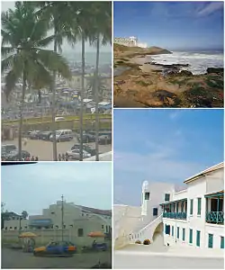 1st top-left image; Arch bridge and Harbour view from Elmina Castle in Cape Coast • 2nd bottom-left image; City hall of Cape Coast • 1st top-right image; Shores of Cape Coast • 2nd bottom-right image; Balcony of Cape Coast Castle.