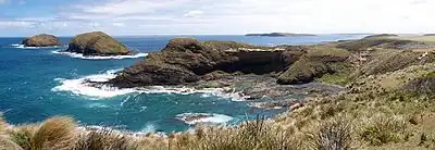 Cape Grim, looking North. The Doughboys on the left, Trefoil Island in middle distance, Hunter Island and Three Hummock Island beyond to the right.