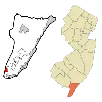 Location of North Cape May in Cape May County highlighted in red (left). Inset map: Location of Cape May County in New Jersey highlighted in orange (right).