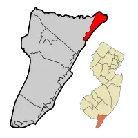 Location of Ocean City in Cape May County highlighted in red (left). Inset map: Location of Cape May County in New Jersey highlighted in orange (right).