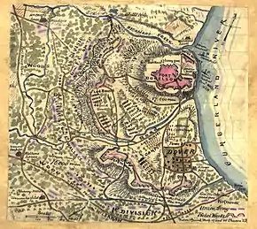 Battle map of Fort Donelson depicting troop movements