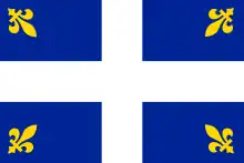 A rectangular flag with a blue background divided into quadrants by thick white lines. Each quadrant has a small gold fleur-de-lis near the outer corner with the top pointed in toward the center.