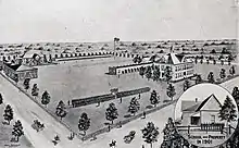 Drawing of the parade ground and buildings on a military academy campus from an aerial perspective