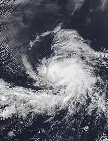 Tropical Storm Carlos near peak strength on June 13, 2021. The system is over the open ocean, and it is circular. There is also a long line of clouds in the west, which connects to the south side of the system.