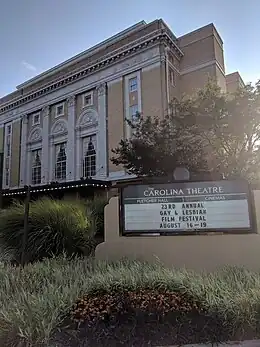 Front of the Carolina Theatre, in Durham, North Carolina, with marquee featuring announcement of the film festival's dates in 2018