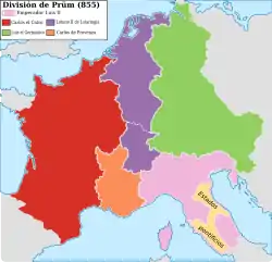 The Kingdom of Lotharingia (purple) and other Carolingian kingdoms following the Treaty of Prüm, 855