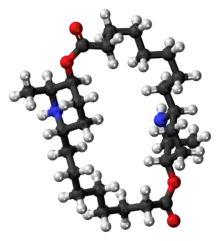 Ball-and-stick model of the carpaine molecule