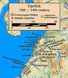 Map of Carrick, 13th–14th century, on the east shore of a large body of water. Its centre was Crossraguel Abbey about 5 km inland. Nine parish churches and eleven important settlements ranged from Ballantrae in the south at the mouth of the Stinchar, then 40 km north to Greenan at the mouth of the Doon, and east to Bennan about 20 km up the Girvan.