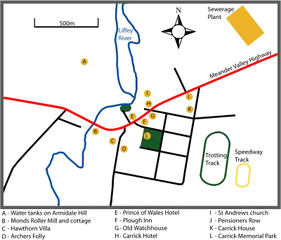 Town map showing some landmarks and historic buildings