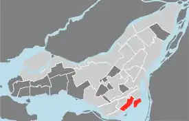 Location (in red) of Verdun on the Island of Montreal.  (Grey areas indicate demerged municipalities).