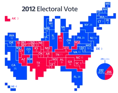 Cartogram of the electoral vote results, with each square representing one electoral vote