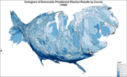 Cartogram of Democratic presidential election results by county