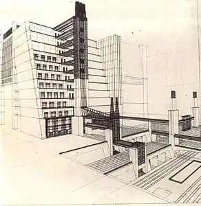 Futurism – Staircase house with elevators from four street levels, part of La Città Nuova, by Antonio Sant'Elia (1914), ink and pencil on paper, Musei Civici, Como, Italy