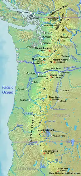 Image 3Map of the Cascade Range showing major volcanic peaks (from Cascade Range)