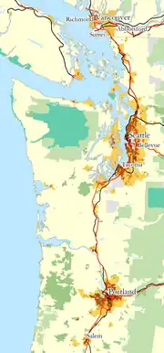 Image 6Map of "megacity", showing population density (shades of yellow/brown), highways (red), and major railways (black). Public land shown in shades of green. (from Pacific Northwest)