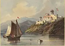 "Castle at the Entrance to Cienfuegos" (Castillo de Jagua), painting of 1855, "Six Cuban Views", by Granville Perkins. Boston Public Library.