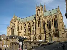 The construction of the Gothic Saint-Stephen Cathedral started in 1220. It is the cathedral of the Catholic Diocese of Metz and the seat of the Bishop of Metz.