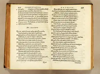 Two pages from Achilles Statius's 1566 edition of Catullus, showing the first 46 lines of Catullus 68 in Latin under the title "Ad mallium"