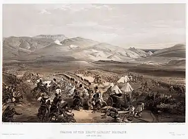 Image 4Battle of BalaclavaArtist: William Simpson; Restoration: NativeForeignerThe 6th (Inniskilling) Dragoons and 5th Dragoon Guards engage the Russians in this lithograph of the "Charge of the Heavy Brigade", a short engagement during the Battle of Balaclava during the Crimean War. Russian cavalry had attacked the British camp, but in roughly ten minutes of fighting, they suffered 40 to 50 killed and more than 200 wounded and were forced to retreat.More selected pictures