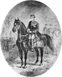 Drawing depicting a figure in military dress uniform and kepi mounted on a black horse with marching and mounted figures in the background