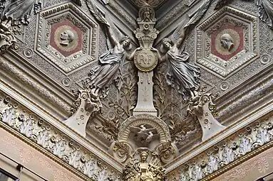 Neoclassical sculpted decoration on the ceiling of the Salon des Sept cheminées, Louvre Palace, Paris, by Francisque Duret, 1851